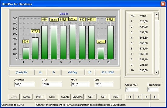 Die Windows Software für den Härtetester PCE-2800 zum Konfigurieren und Auswerten.