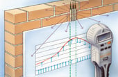 Ortungsger�t / Metall-Scanner / Leitungssuchger�t Multifinder bei der Messung auf einer Wand