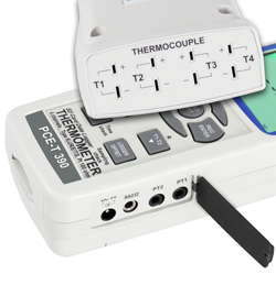 Die K-Typ, Pt100, RS232 und Netzteilanschlüsse am Temperaturmessgerät PCE-T 390