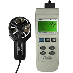 PCE-008 anemometer with data logger to measure wind speed and air temperature with the ability to calculate volume of air current and and RS-232 interface, internal memory and includes software and cable.