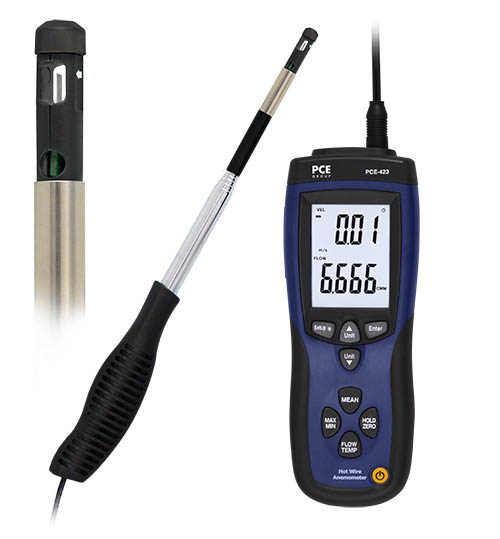 PCE-423 thermal anemometer to measure air velocity. 