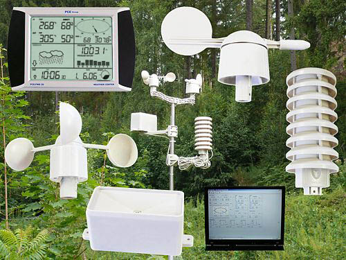 Here you will see the  PCE-FWS 20 weather station with the software and all the remote sensors (included in the delivery)