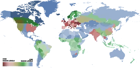 Presencia de radón mostrado en un mapa mundial.
