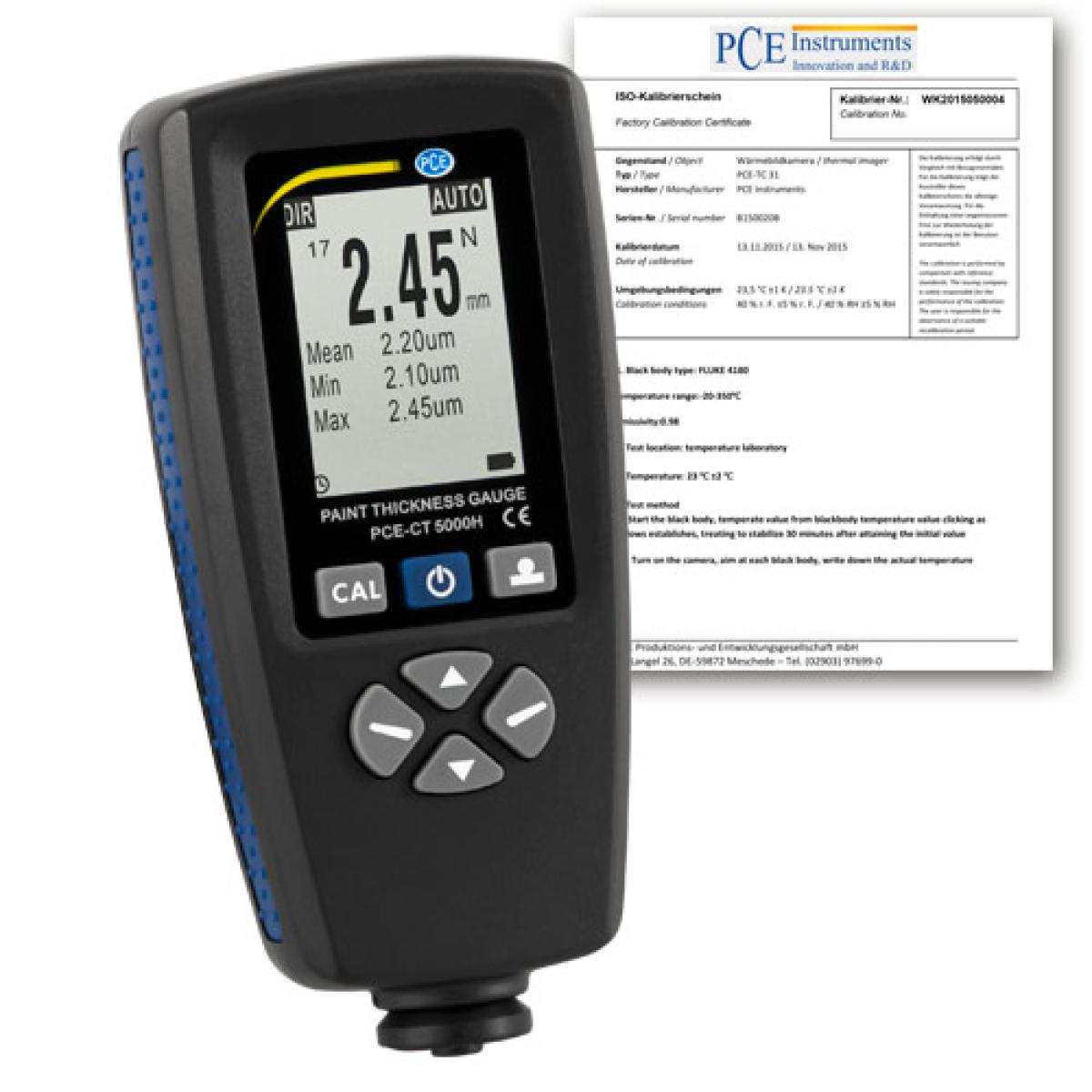 Medición en superficies / Medidor de recubrimiento PCE-CT 5000H-ICA incl. certificado de calibración ISO 