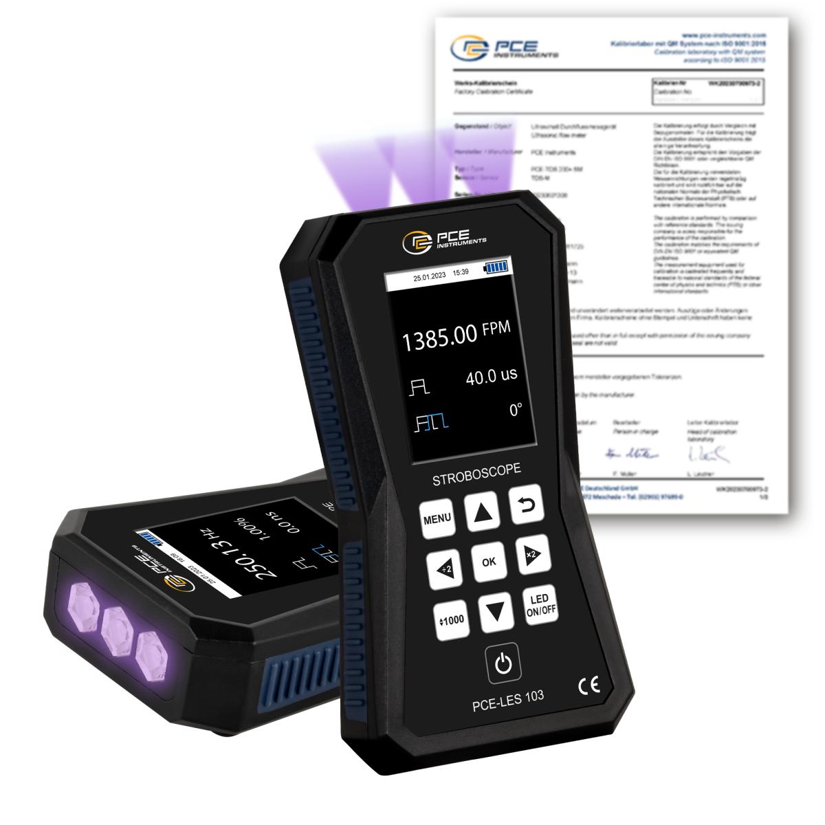 Stroboskop PCE-LES 103UV-385-ICA inklusive ISO-kalibreringscertifikat 