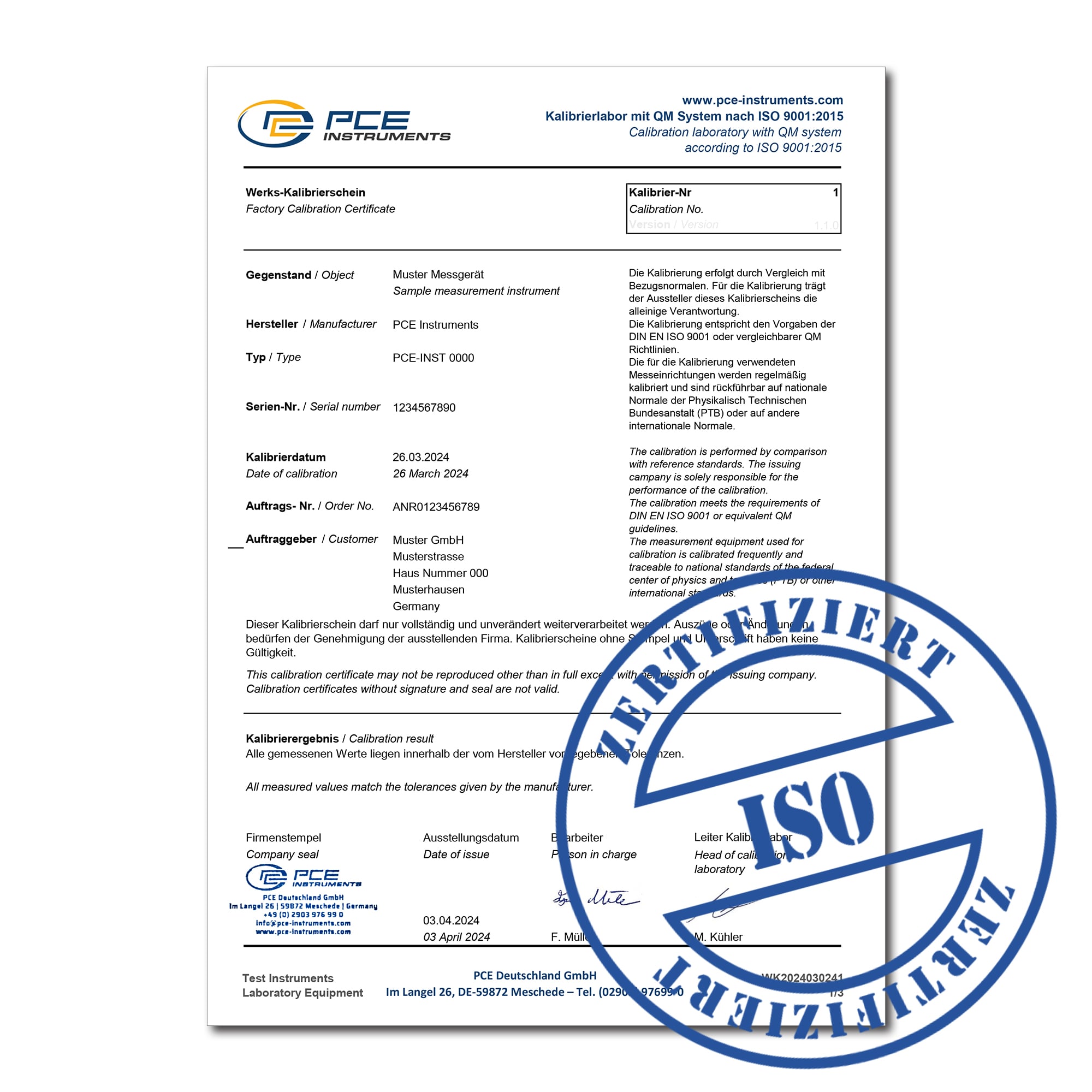 Werkskalibrierzertifikat (ISO 9001) für CO2-Messgeräte