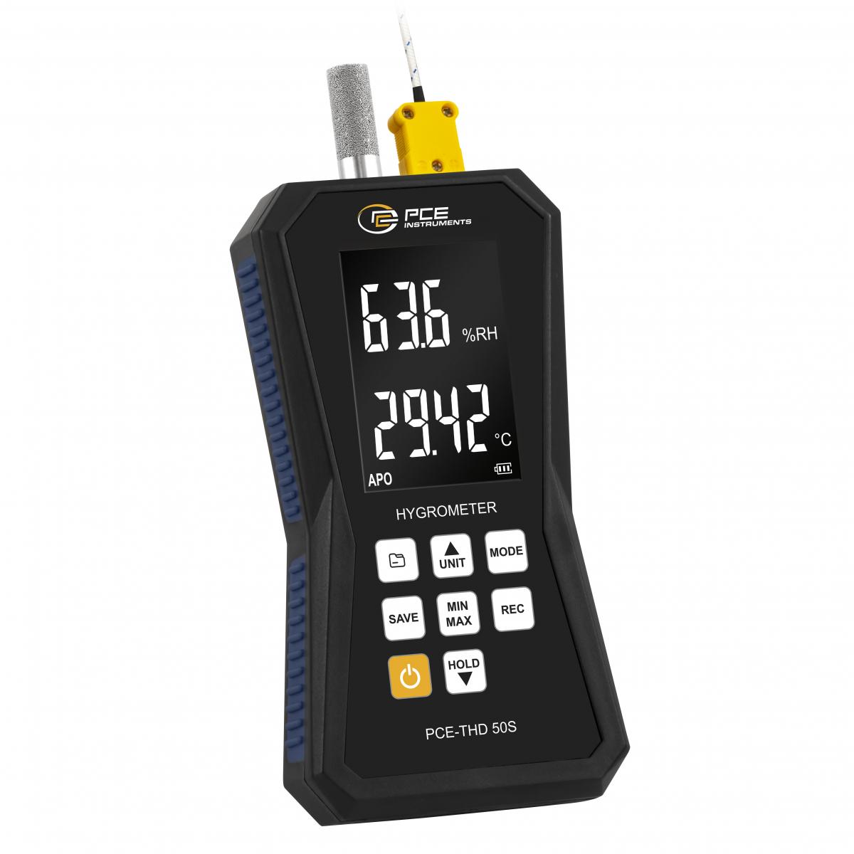 PDF-Datenlogger PCE-THD 50S mit Sinterfilter für Temperatur, Feuchte