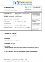 Factory calibration certificate of moisture measurement sensor