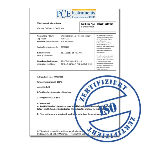 Calibration certificate CALPCEDC for clamp meters PCE Instruments