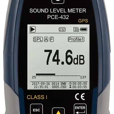 Class 1 Data Logging Decibel Meter w/GPS & ISO Cert. PCE-432-ICA display