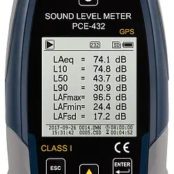 Class 1 Data Logging Decibel Meter w/GPS & ISO Cert. PCE-432-ICA display