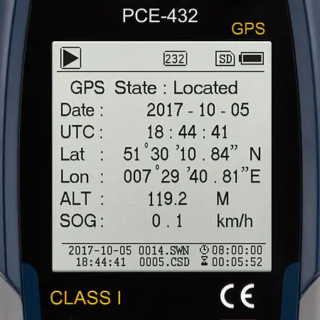 Class 1 Data Logging Decibel Meter w/GPS & ISO Cert. PCE-432-ICA display