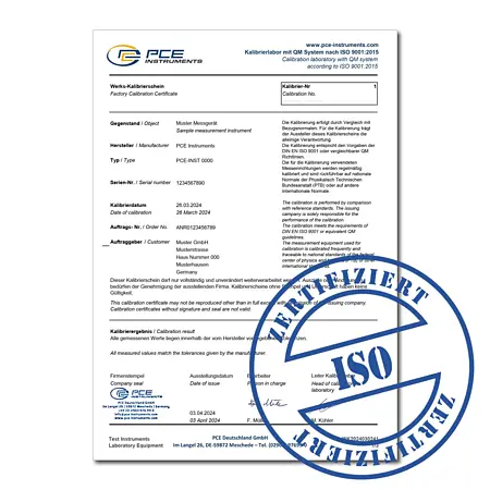 Factory calibration certificate (ISO 9001) for force measuring instruments