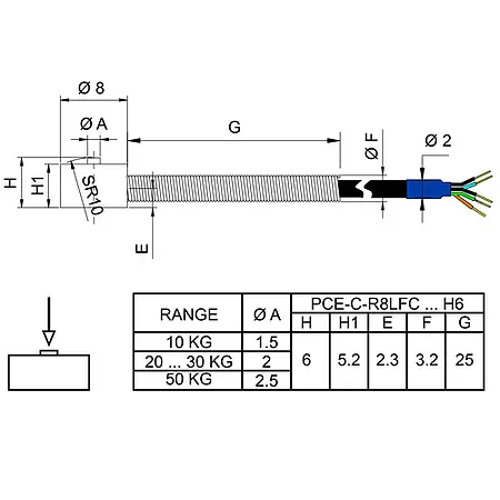 Célula de carga tipo botón PCE-C-R8LFC Serie 10-50 kg - Dimensiones