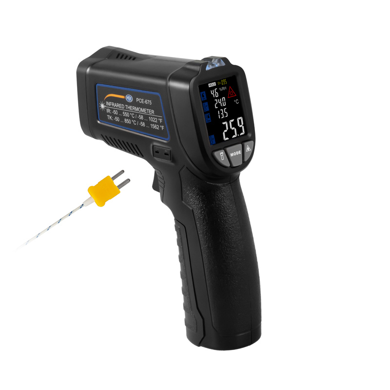 PCE Instruments Termometro infrarrojo con puntero láser / Entrada para sondas tipo K / Medición de temperatura superficial, temperatura y humedad ambiental, punto de rocío  PCE-675 - 1