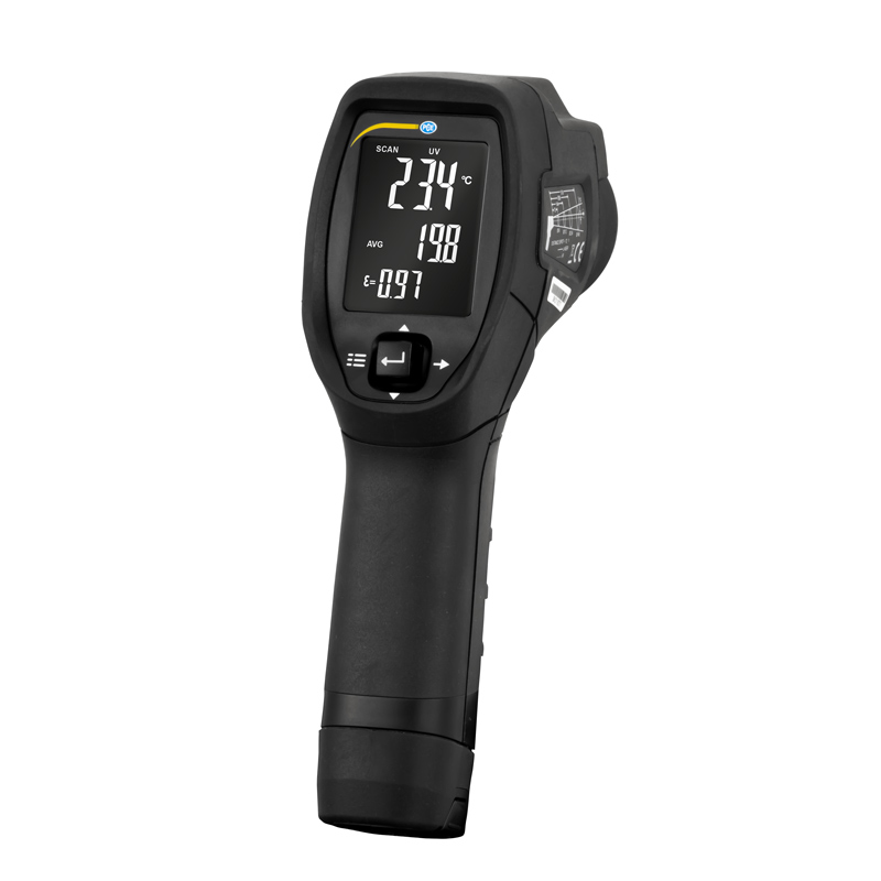 PCE Instruments Termómetro infrarrojo de mano con ajuste de valores límite / Rango: -50 ... 500 °C / Óptica 12:1 / Cuota de medición 2 Hz / Puntero láser circular / Carcasa robusta / Anillo de iluminación LED / Opcional: Certificado PCE-ILD 10 - 1