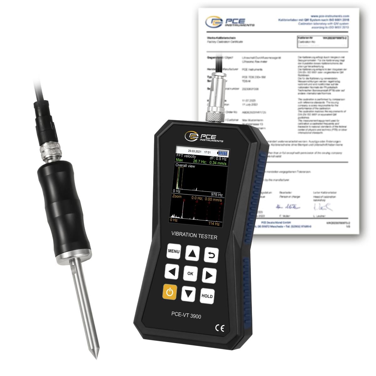 Accéléromètre FFT PCE-VT 3900S-ICA avec certificat d'étalonnage ISO