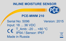 Placa de especificações do equipamento de medição PCE-MWM 210 mostrando a classe IP.
