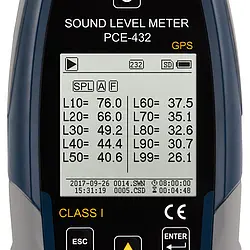 Class 1 Data Logging Noise Meter / Sound Meter w/GPS & ISO Cert. PCE-432-ICA display