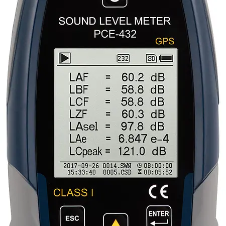 Display of Class 1 Decibel Meter PCE-432-SC 09-ICA with Calibrator incl. ISO Cal. Cert.